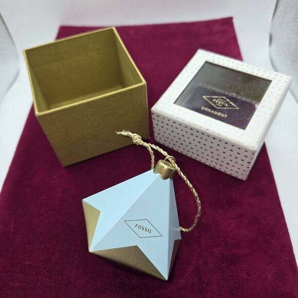Fossil Brand Geometric Ornament With Box Gold Metallic & Blue Decoration Holiday - Picture 1 of 7